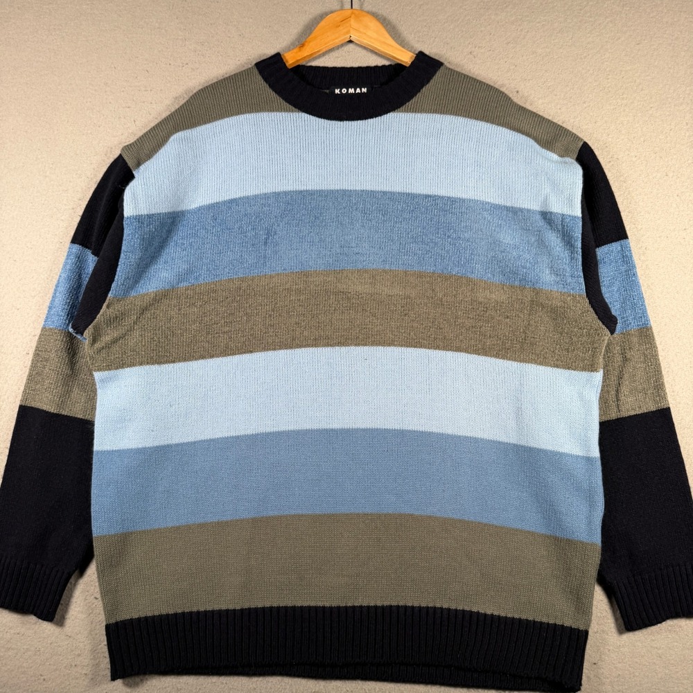Koman Sport Mens XL Vintage Striped Knit Sweater Blue Green Crewneck‎ Pullover